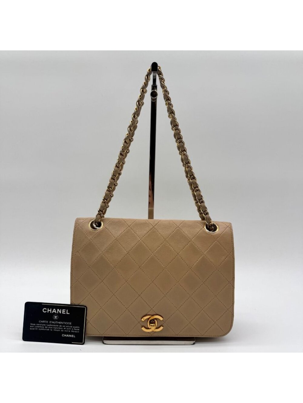 Chanel Shoulder Bag Quilted Turnlock CC Logo Chain Beige Leather